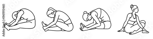 Four different women in seated forward fold yoga postures, black outlines