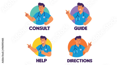 Friendly medical professional vector illustrations offering clinical guidance and healthcare support, useful for consulting and directions