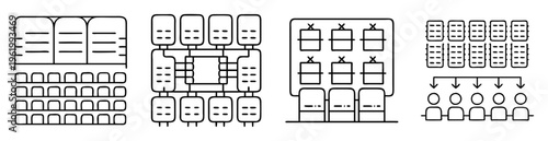 Abstract illustration representing various systems and their organizational structures in black lines