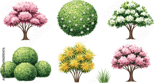 Decorative garden trees and flowering bushes set featuring pink cherry blossoms green topiary shrubs and yellow plants isolated on white background for landscape design.