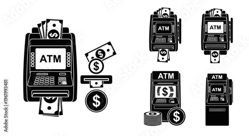 A collection of black and white icons representing automated teller machines and banking cash flow