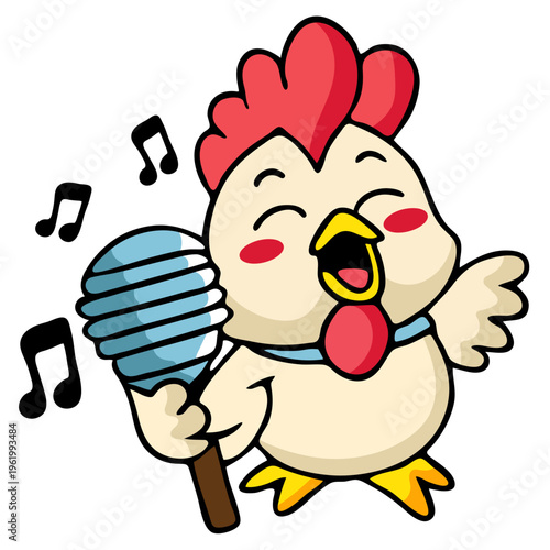 A cartoon chicken singing into a microphone with musical notes around it