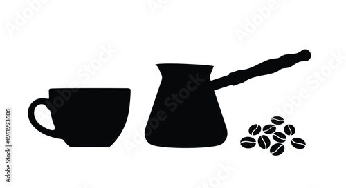 Black coffee pot cup and beans in a stark silhouette