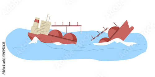 Tanker gas carrier shipwreck. Vessel transporting gas crashes and sinks in sea. Vector illustration. Suitable for environmental disaster awareness, maritime safety campaigns, industrial risk visuals.