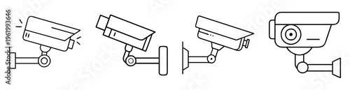 Black and white line art depicting security cameras in various styles