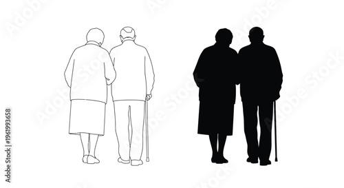 Elderly people standing and walking depicted in a stark silhouette