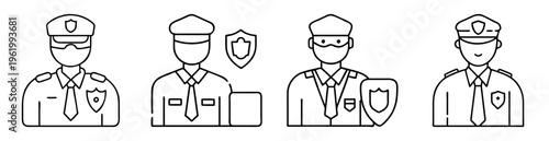 Diverse line art icons depicting uniformed security personnel and protection shields