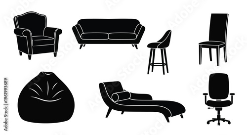 Variety of furniture items displayed as a black silhouette