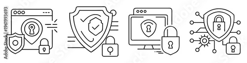 Collection of line art icons representing cybersecurity and data protection technologies