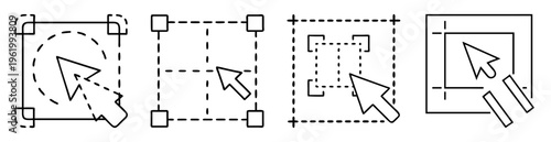 Four illustrations of selection and resizing concepts using a mouse pointer