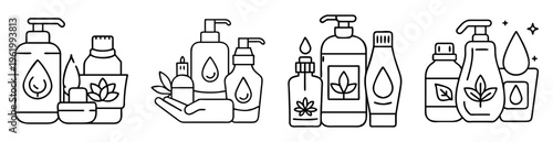 minimalist line art illustration of various organic beauty and skincare products