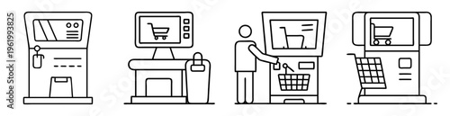Four illustrations of self checkout systems for stores in monochrome