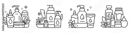 Line art illustration featuring four different sets of skincare products with plants
