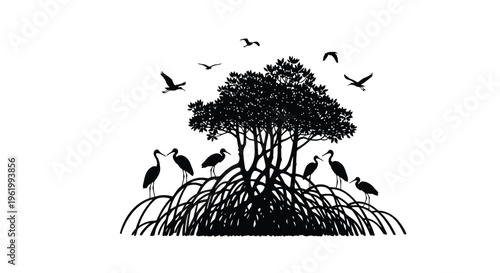 Mangrove trees with birds in flight a striking black silhouette