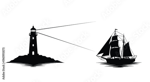 Lighthouse beam guides a sailing ship across the dark water silhouette