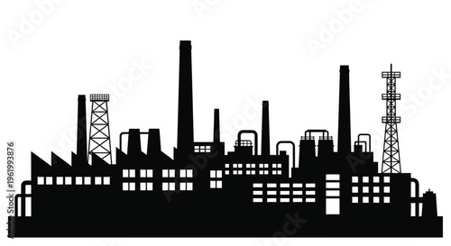 Industrial cityscape featuring factories smokestacks and towers a silhouette