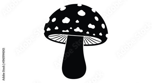 A detailed black mushroom illustration in striking silhouette