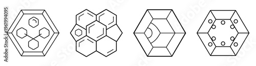 Collection of hexagonal geometric designs featuring internal shapes and circular elements
