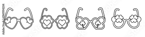 Line art illustration showcasing four pairs of whimsical eyeglasses with heart and clover themes