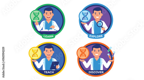 Healthcare professional icons illustrating medical science learning, exploration, teaching, and discovery in clinical research