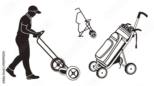 Golf push cart silhouette, Golf pull cart silhouette, Golf push cart, Golf pull cart, Golf bag trolley silhouette, Bag trolley, Golf pushcart vector .icon