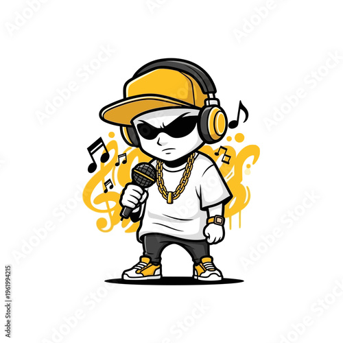 Cool Cartoon Rapper Character with Headphones and Microphone.