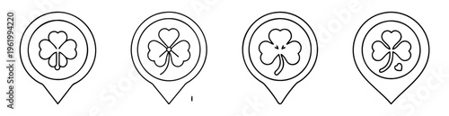 Outline St Patrick's Day Shamrock Icons Set on Map Pin Shape