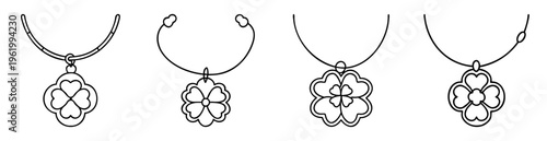 Four variations of stylized flower pendant necklaces featuring unique design elements