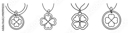 Four leaf clover necklaces with circular and petal shaped pendants, black line art
