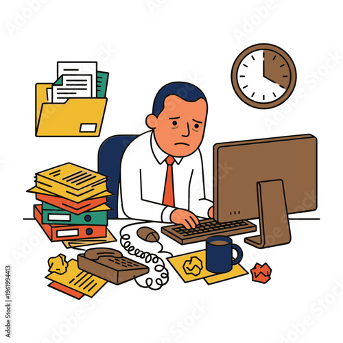A stressed businessman works late at his cluttered office desk surrounded by papers.