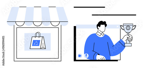 Store logo and bag representing online retail paired with a user holding a trophy emphasizing success. Ideal for e-commerce, retail, online marketing, digital transactions, business strategy