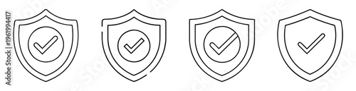 Various shield icons with check mark inside, line art style