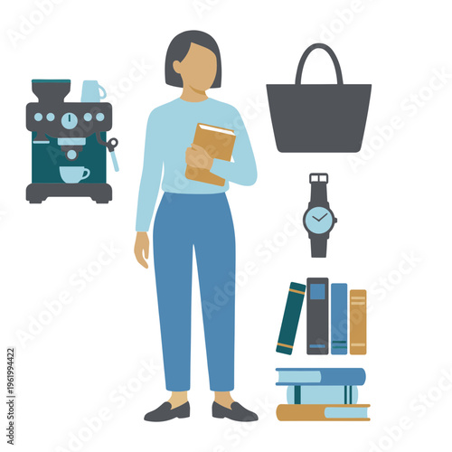 A woman stands with a book, coffee maker, and bag near books and watch.