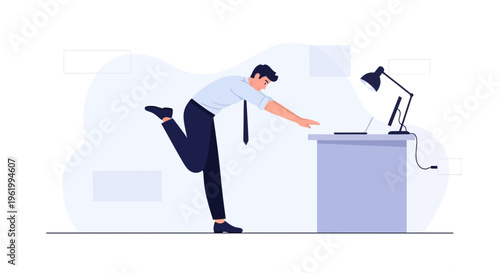 Businessman stretching at his desk, office work, dynamic pose, reaching for laptop
