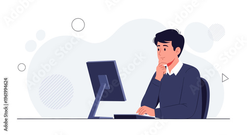 Man Thinking at Computer, Studying, Working, Modern Office, Minimalist Background