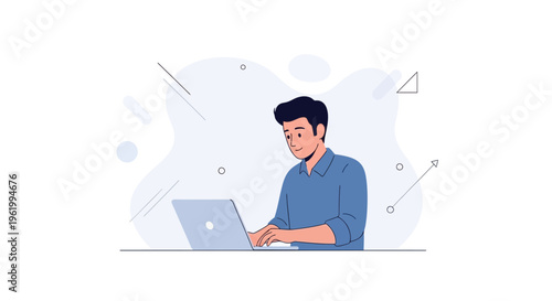 Young man working on laptop, modern flat illustration, remote work concept
