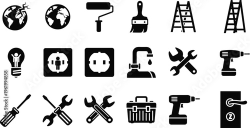 Home repair and maintenance icon set featuring black silhouettes of tools ladders drills wrenches and plumbing fixtures isolated on white background for DIY projects.
