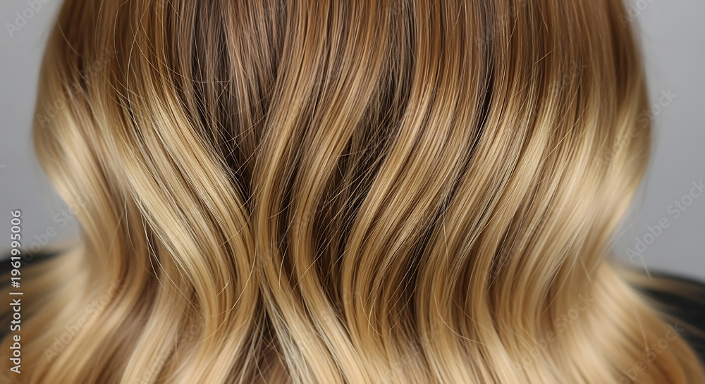 Fototapeta premium Close up of long layered hair with blonde and brown highlights on transparent background