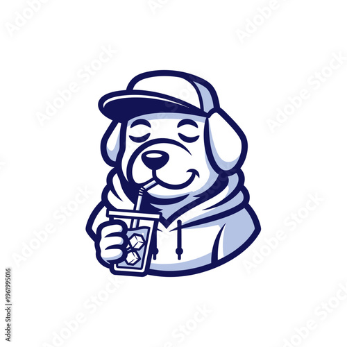 Cool Dog Mascot Sipping Drink with Straw.