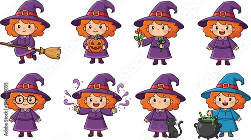 Cute witch girl characters set with broom, pumpkin and magic elements, cartoon Halloween kids collection for costume design, stickers and playful vector illustration