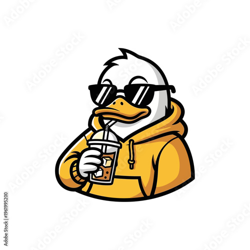 Cool Duck in Hoodie Drinking Iced Beverage.