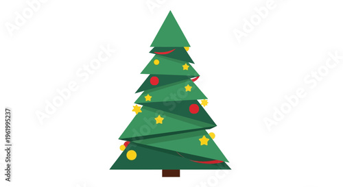 Green Christmas Tree Decorated with Ornaments and Ribbons, White Background