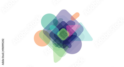 Abstract overlapping geometric shapes in vibrant translucent colors on white background