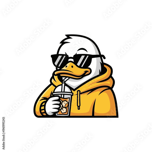 Cool Duck in Hoodie Sipping Iced Coffee.
