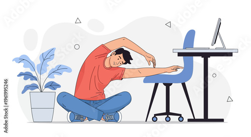 Man stretching at home office desk, healthy lifestyle, work-life balance
