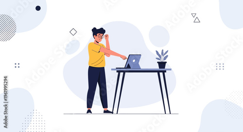Person stretching at desk with laptop, healthy work break, modern office illustration