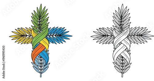 Palm Sunday Cross with Colorful Leaves - Religious Symbolism and Outline Version