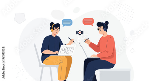 Two people collaborating online, video call, remote work, digital communication, teamwork