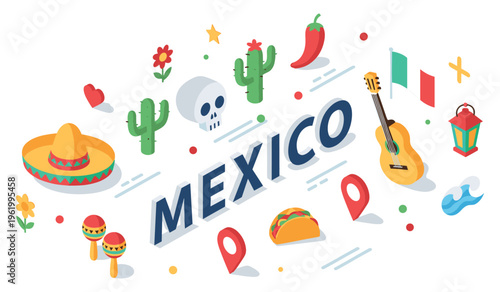 Colorful mexico icons: sombrero, skull, cactus, guitar, and culture symbols