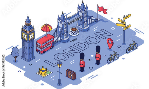 Isometric london landmark scene with big ben, guards, and red bus